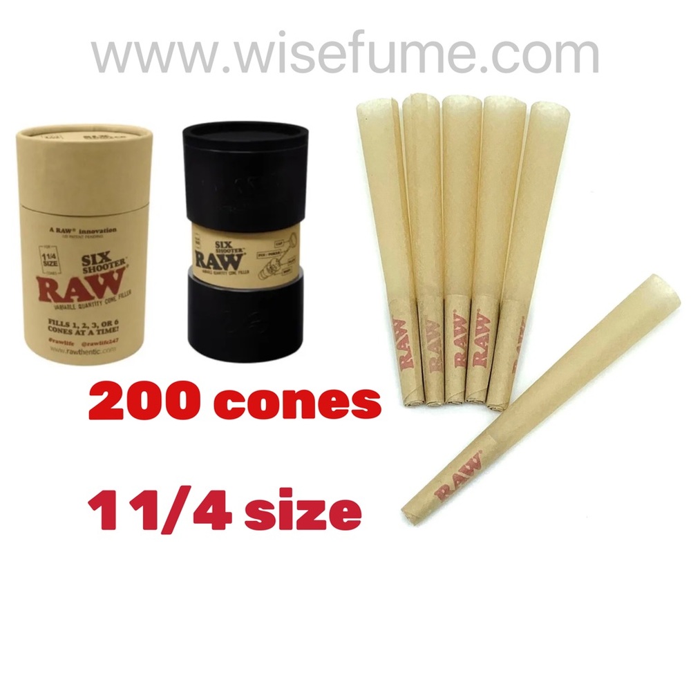 raw classic 1 1/4 size pre rolled cone(200 pack)+raw six Shooter cone filler